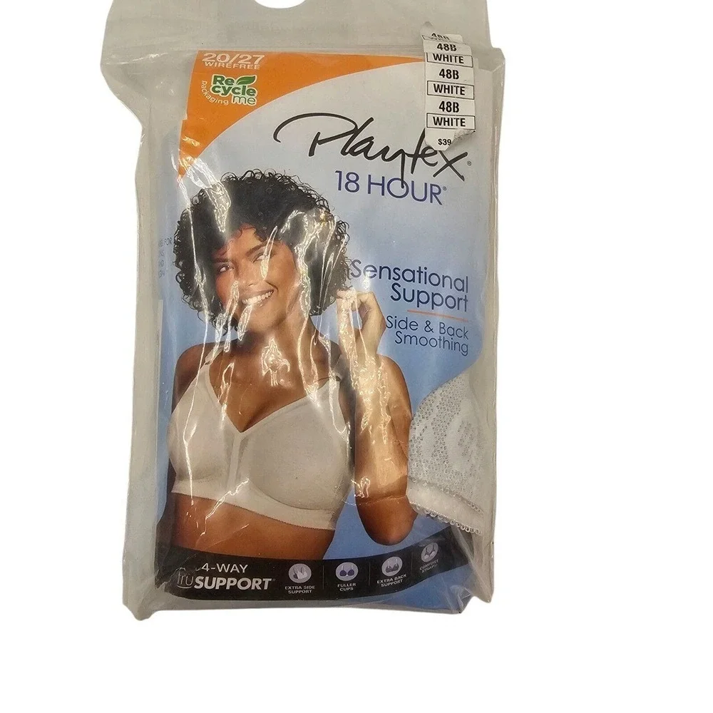 PLAYTEX 48B Bra 18 Hour 4 way Support Stretch White Side & Back Smoothing New